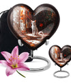 White cat heart-shaped, medium aluminium urn for human ashes with customization option