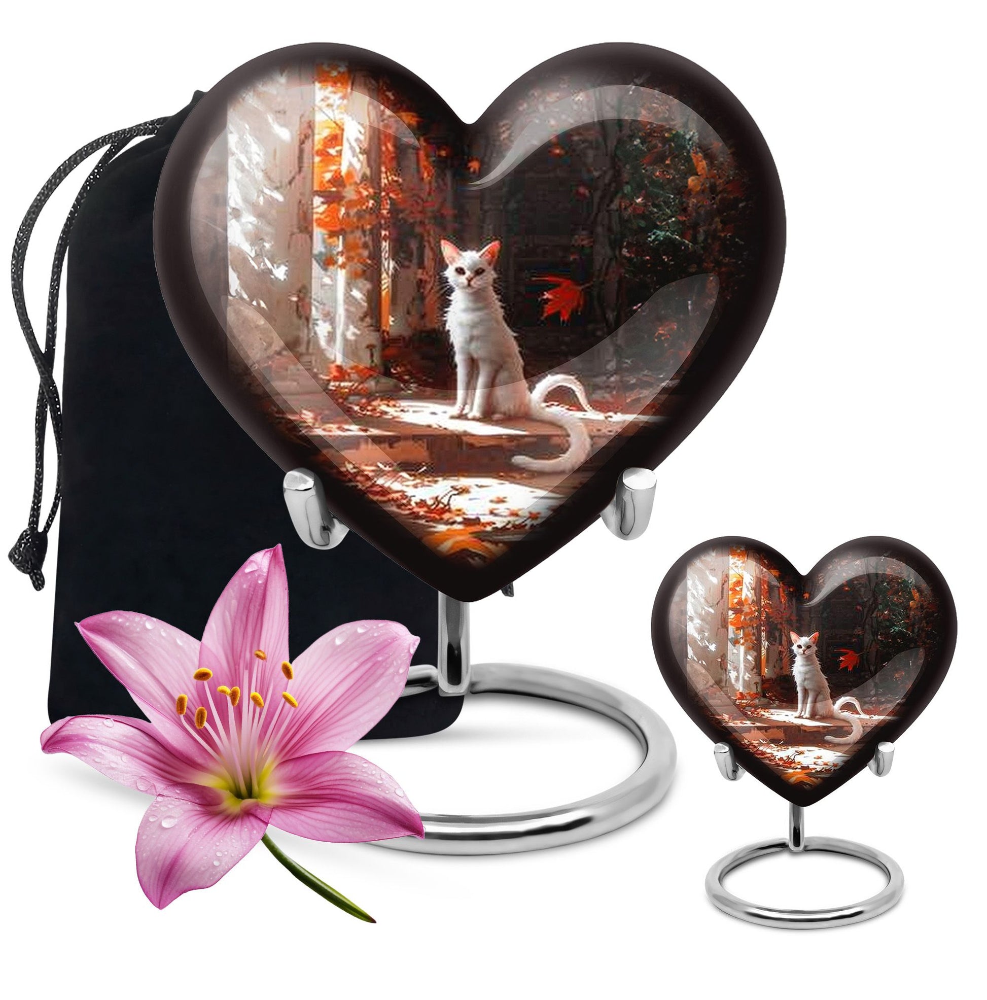 White cat heart-shaped, medium aluminium urn for human ashes with customization option