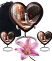 White cat heart-shaped, medium aluminium urn for human ashes with customization option
