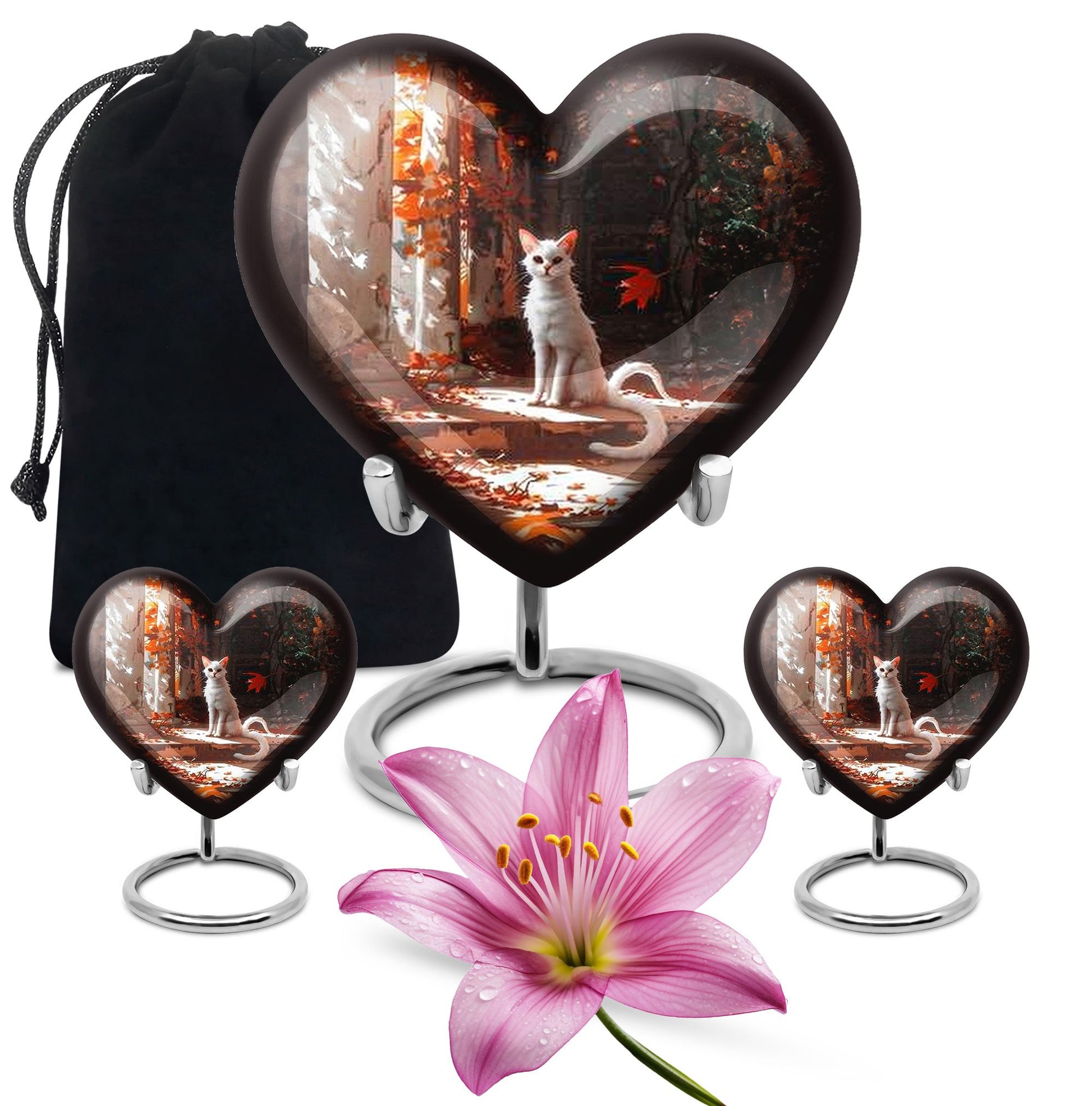 White cat heart-shaped, medium aluminium urn for human ashes with customization option