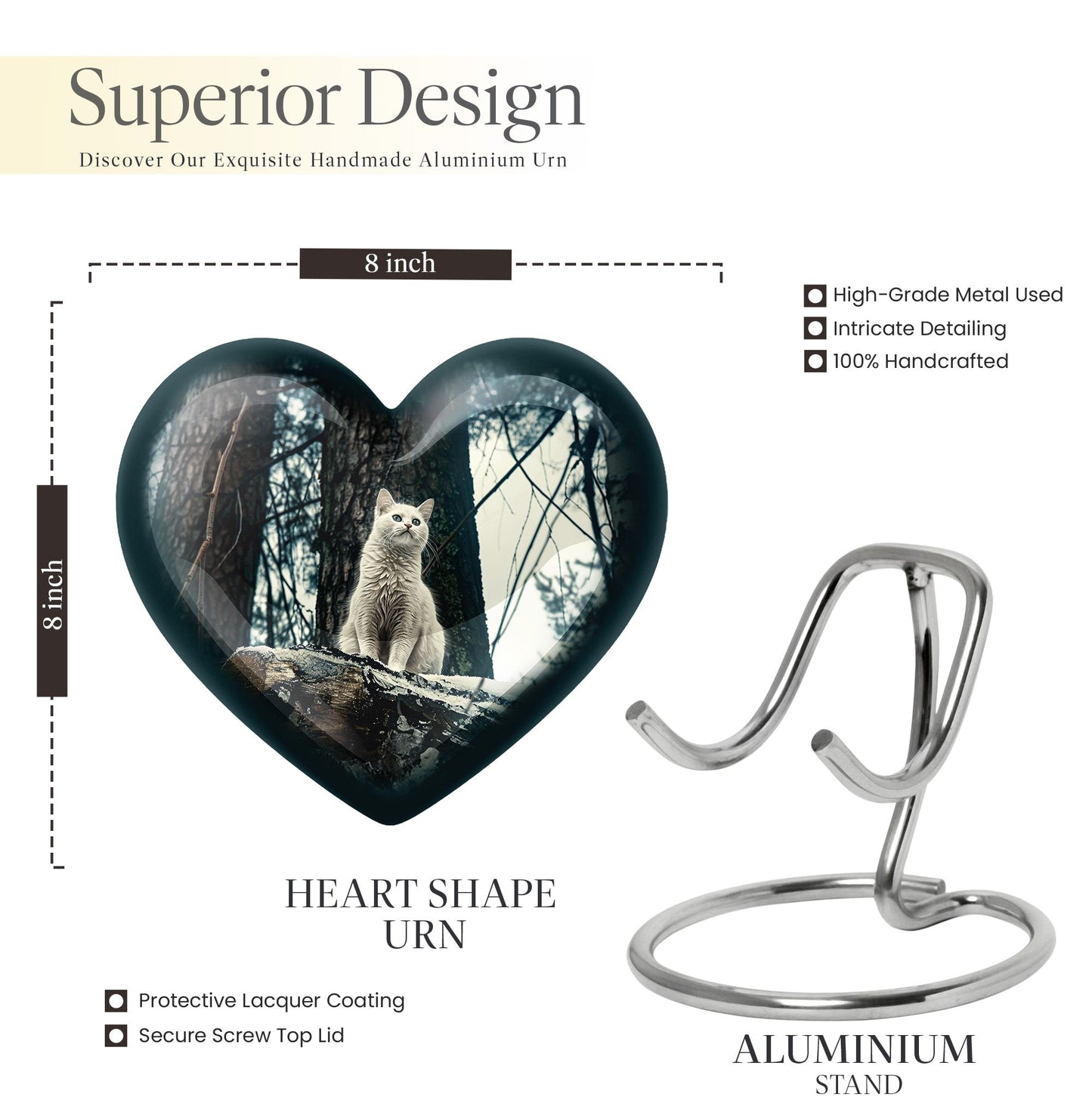 10-Inch white cat heart-shaped memorial urn 