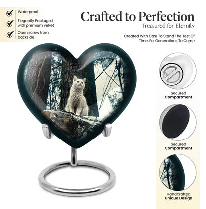 10-Inch white cat heart-shaped memorial urn 