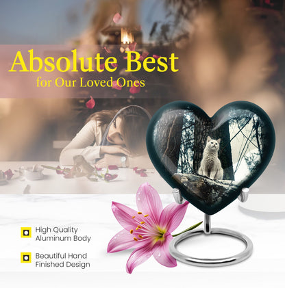 10-Inch white cat heart-shaped memorial urn 