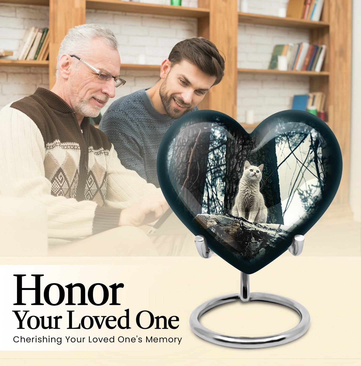 10-Inch white cat heart-shaped memorial urn 