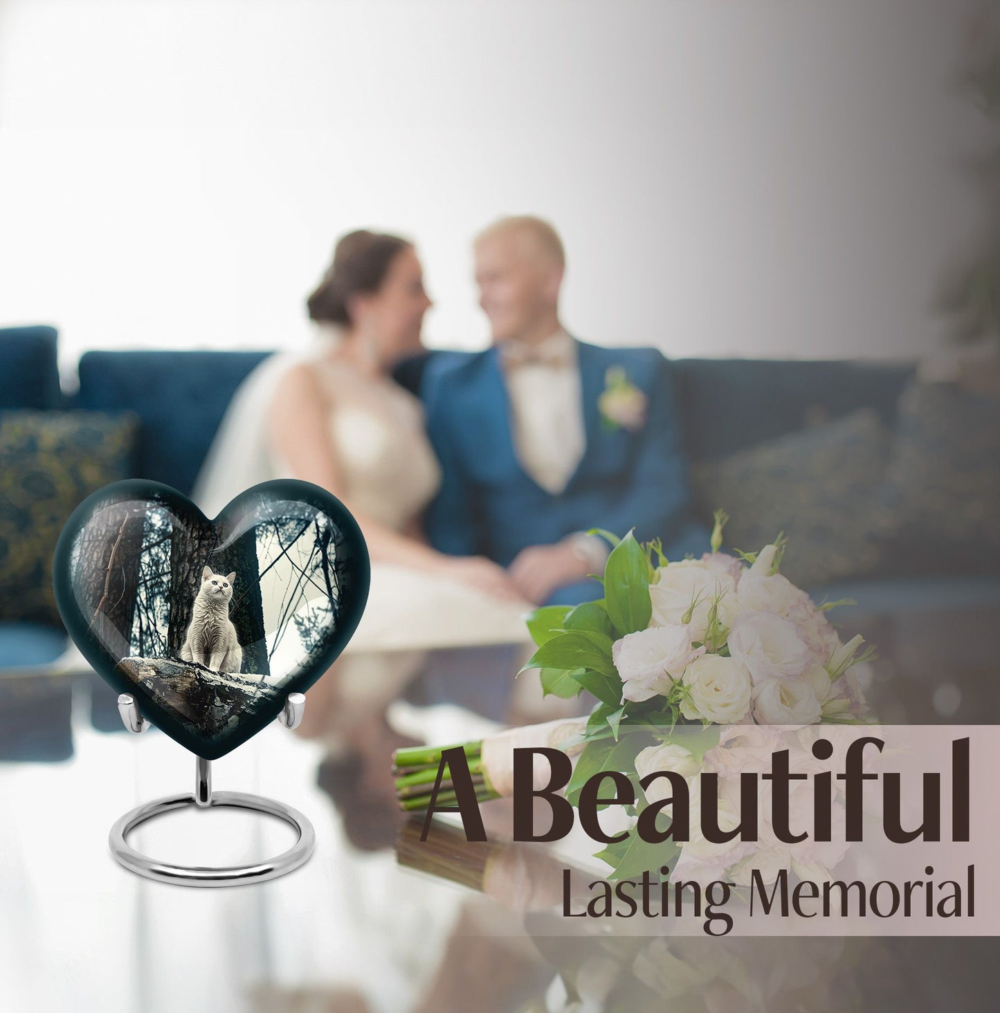 10-Inch white cat heart-shaped memorial urn 