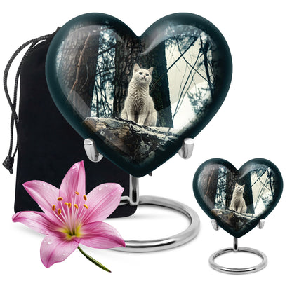 10-Inch white cat heart-shaped memorial urn 
