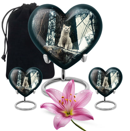 10-Inch white cat heart-shaped memorial urn 