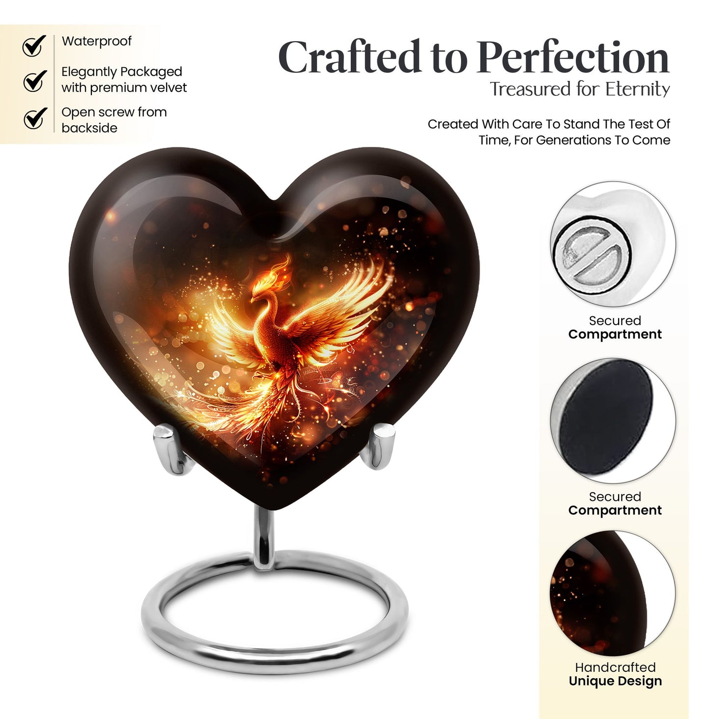 10-inch Phoenix Heart Urn, aluminum cremation personalized urn for adult human ashes