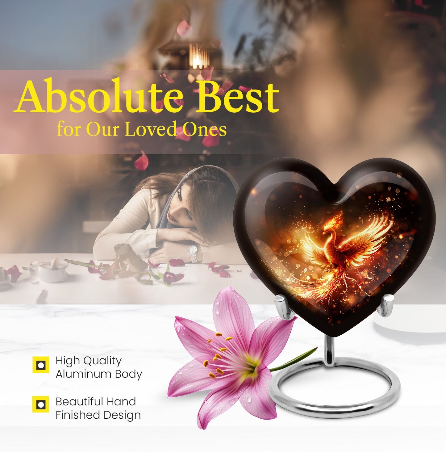 10-inch Phoenix Heart Urn, aluminum cremation personalized urn for adult human ashes