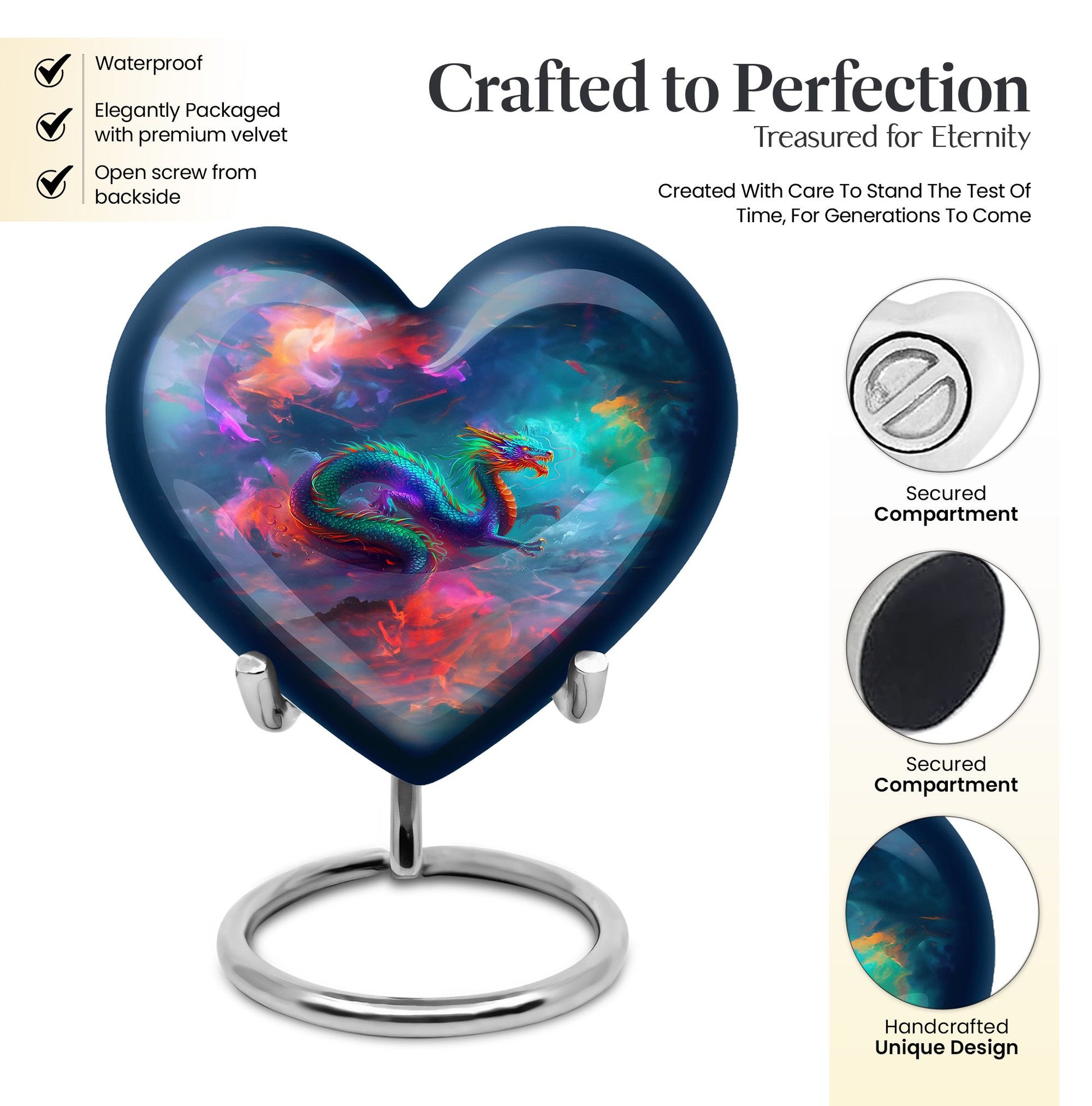 Large 10-inch dragon heart urn for women's ashes