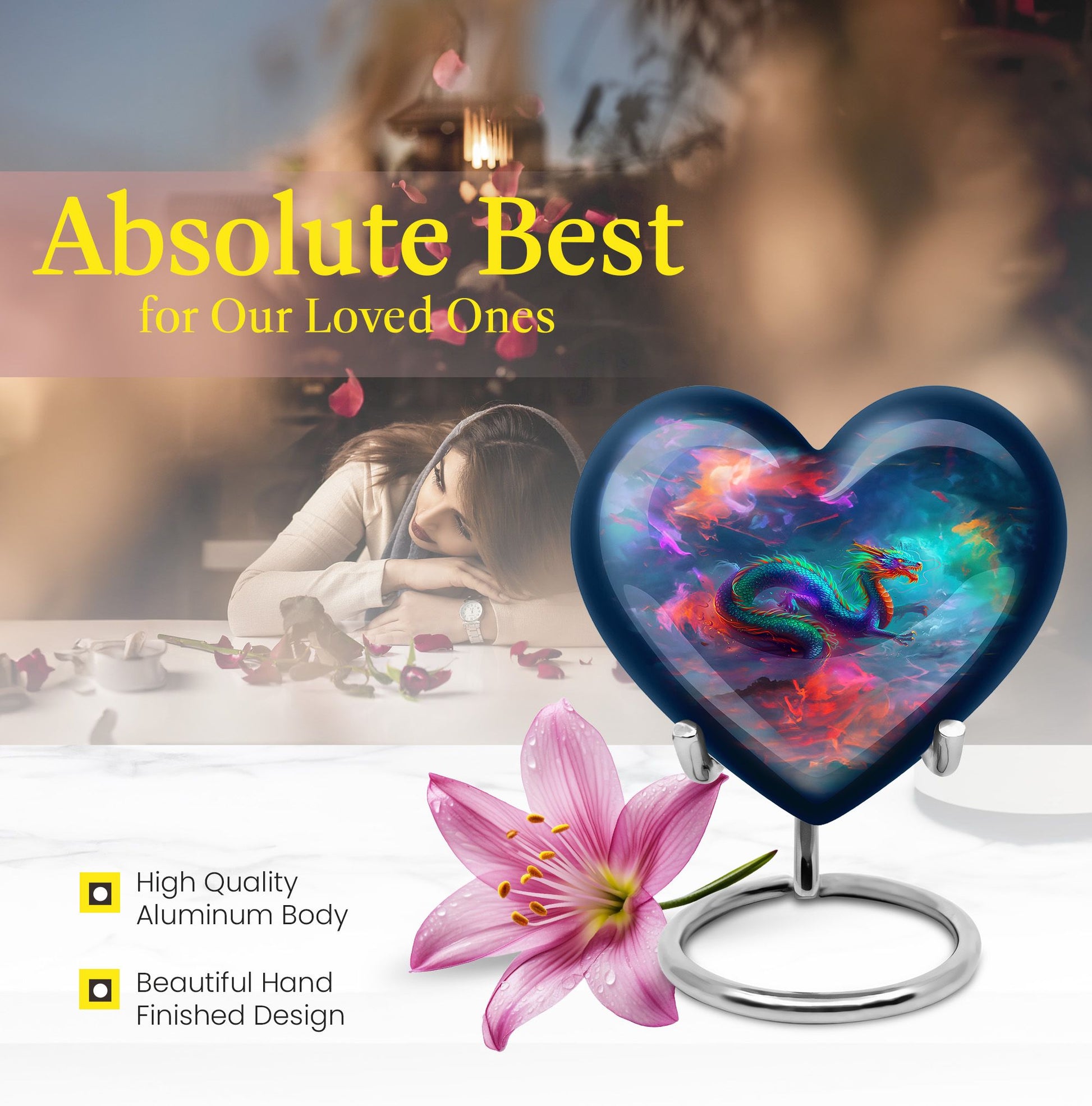 Large 10-inch dragon heart urn for women's ashes