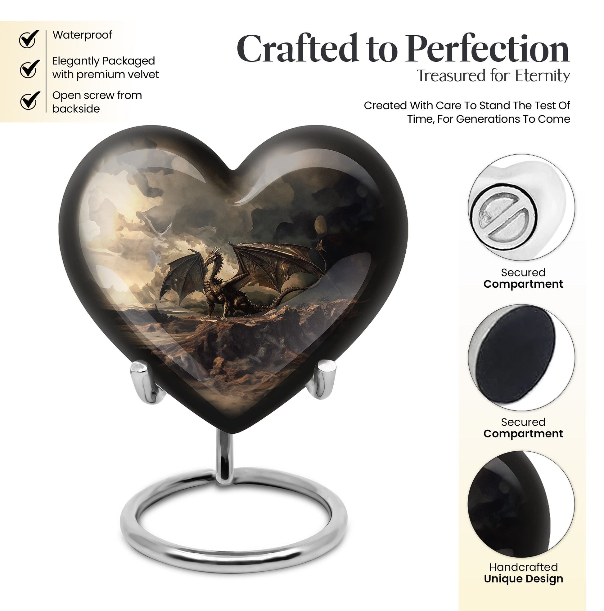 Heart-shaped aluminium dragon urn for adult ashes with engraving option