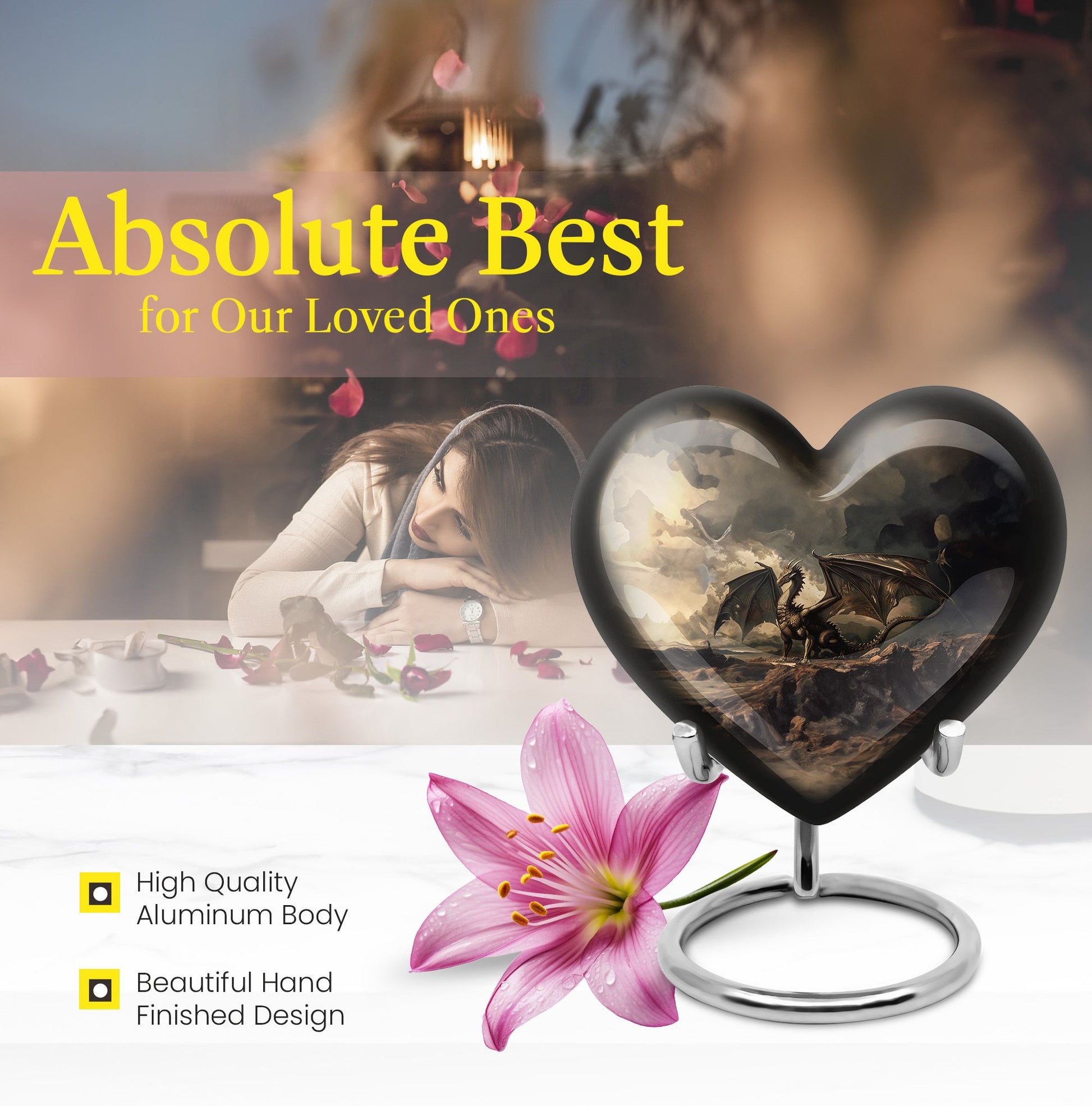 Heart-shaped aluminium dragon urn for adult ashes with engraving option