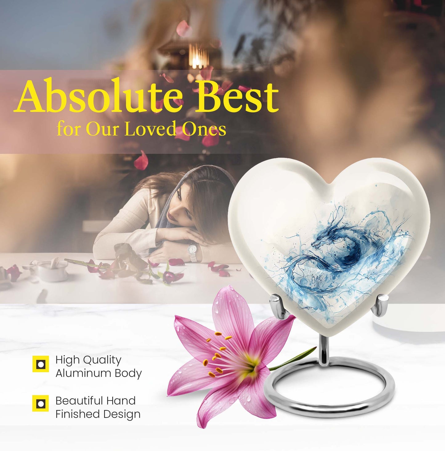 Abstract themed 10-inch heart design dragon urn for memorial, customized engraving, in aluminium