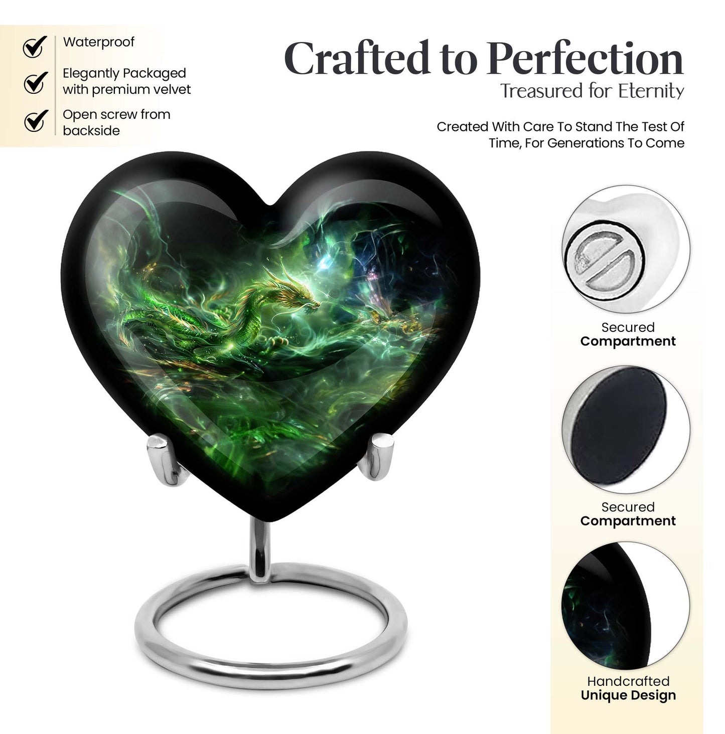 Heart-shaped 10-inch Dragon Urn for cremation and burial, 