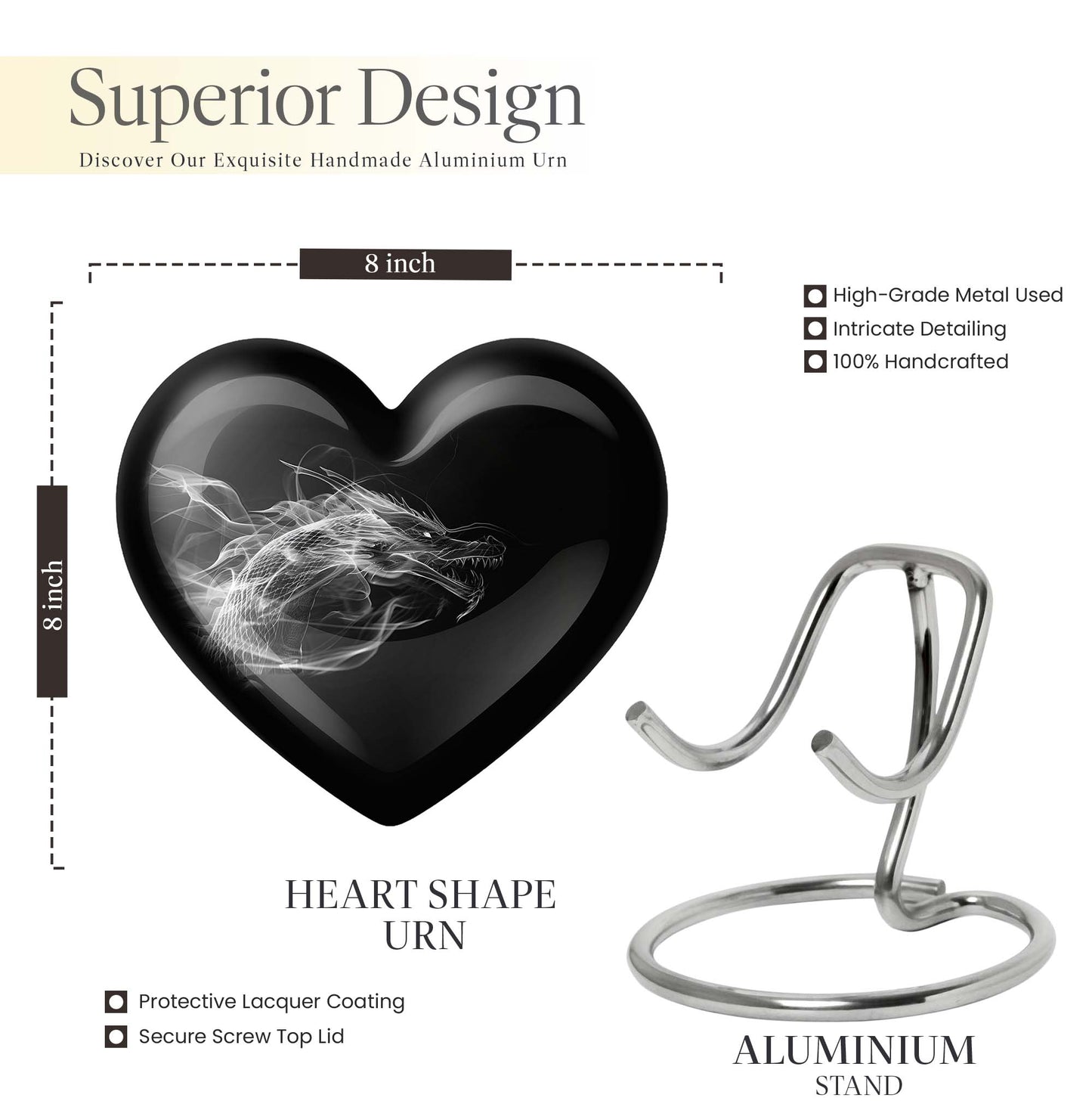 10-inch heart-shaped dragon urn for adult ashes