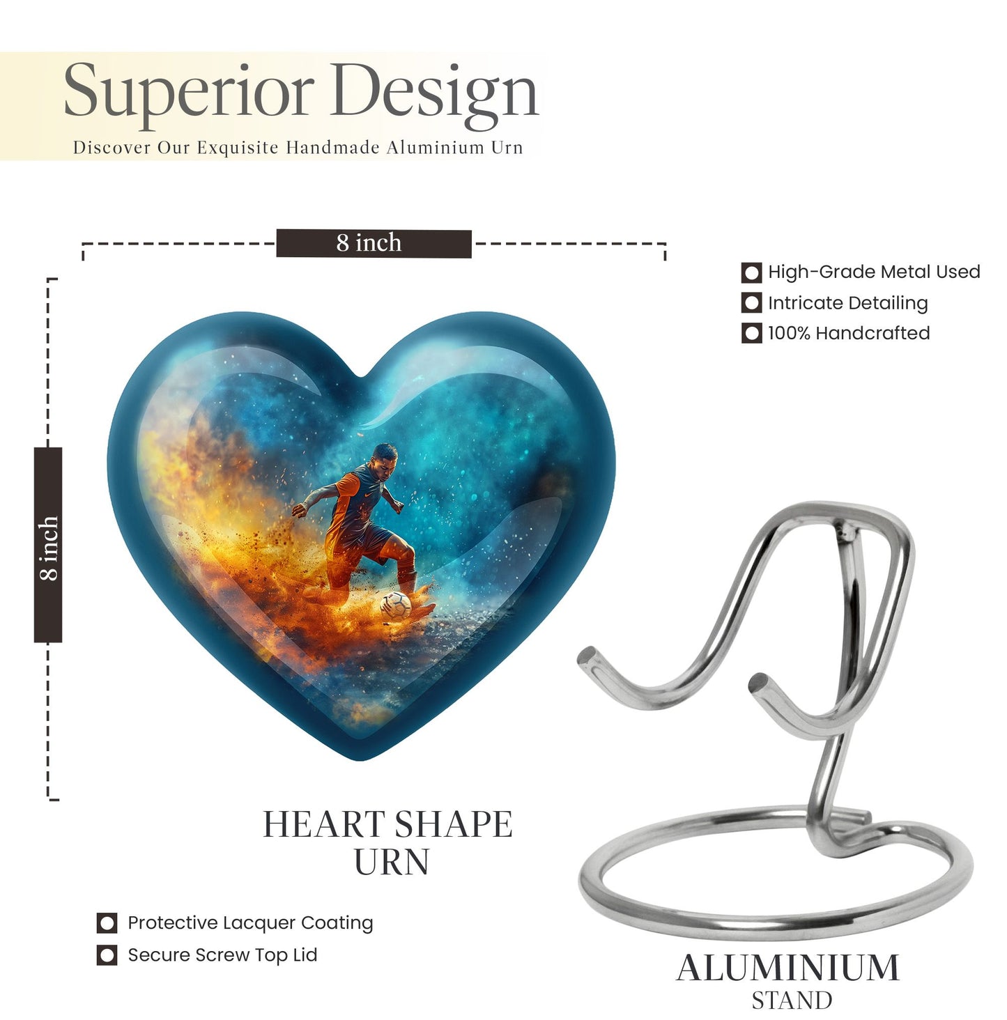 10-inch Heart Urn for Soccer theme memorial, large