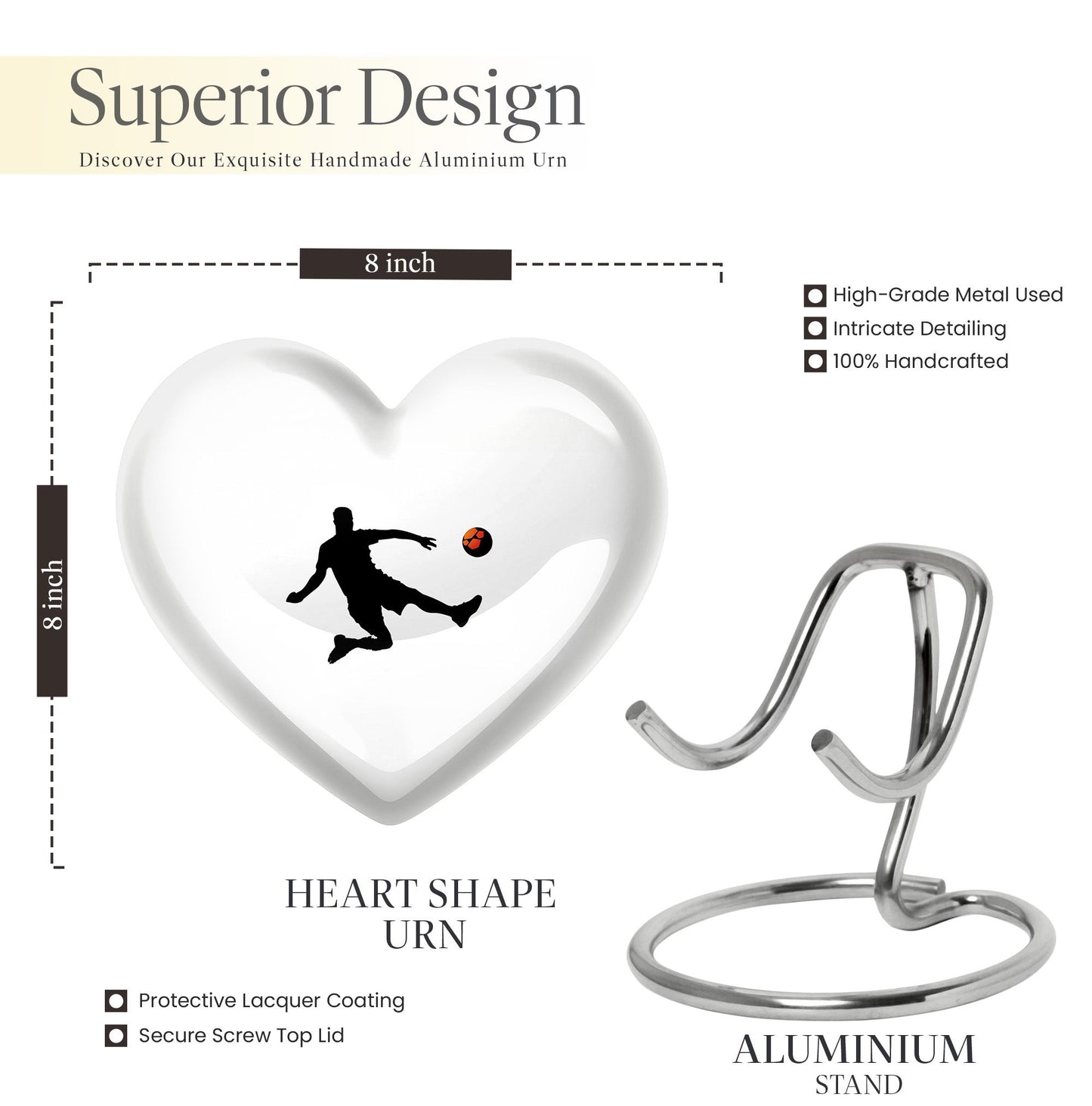 10-inch soccer-themed heart-shaped urn