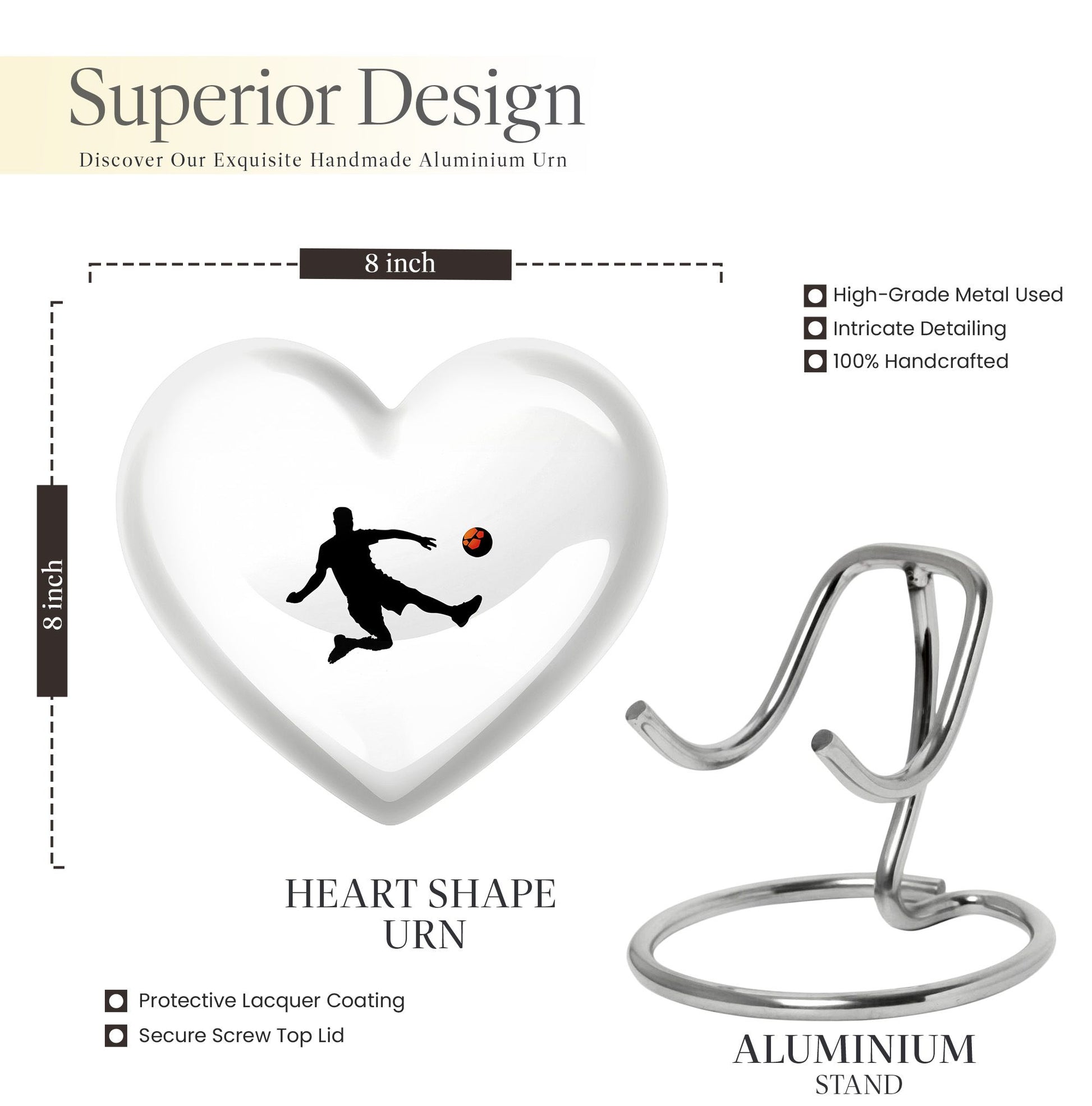 10-inch soccer-themed heart-shaped urn