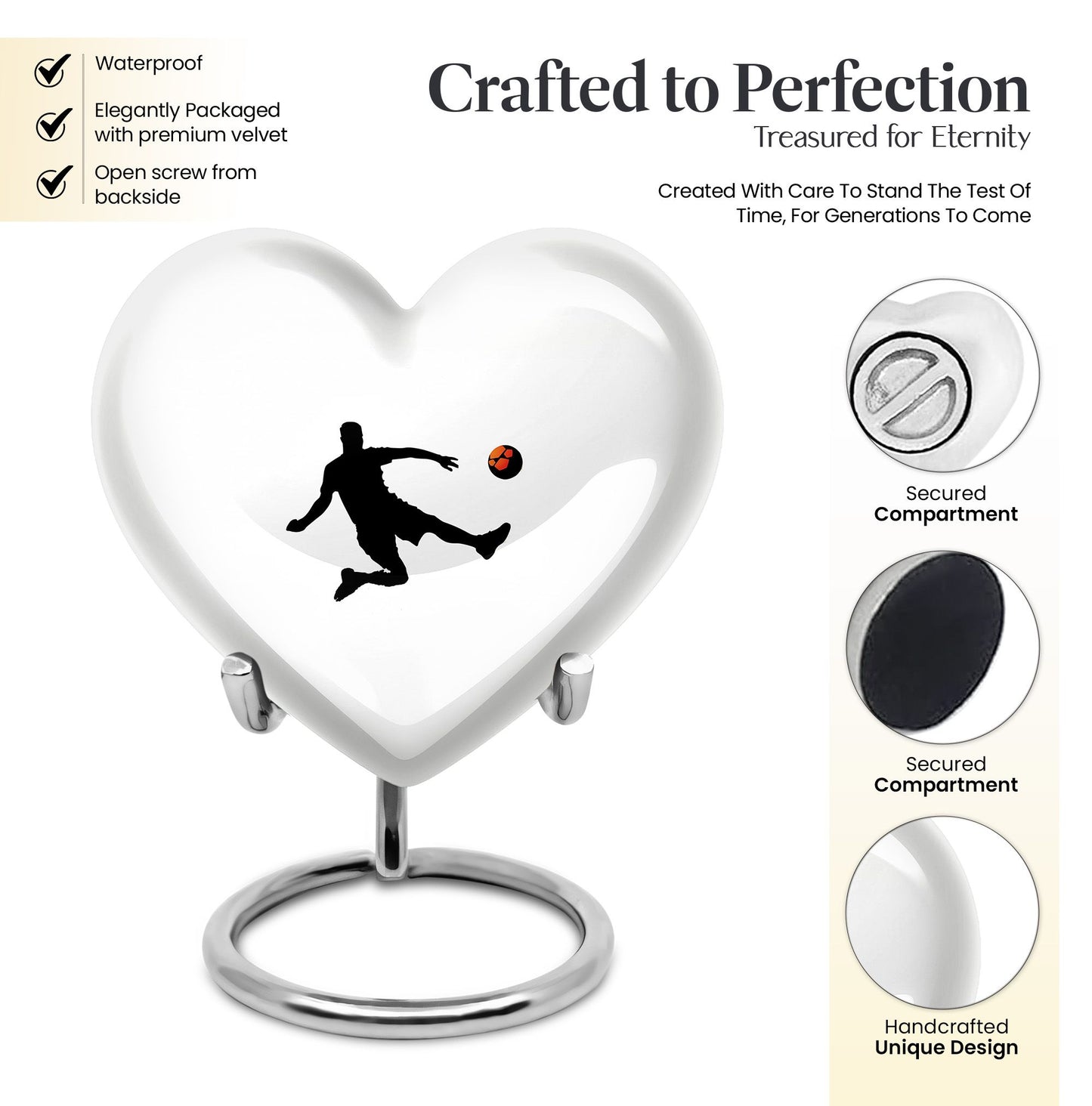 10-inch soccer-themed heart-shaped urn