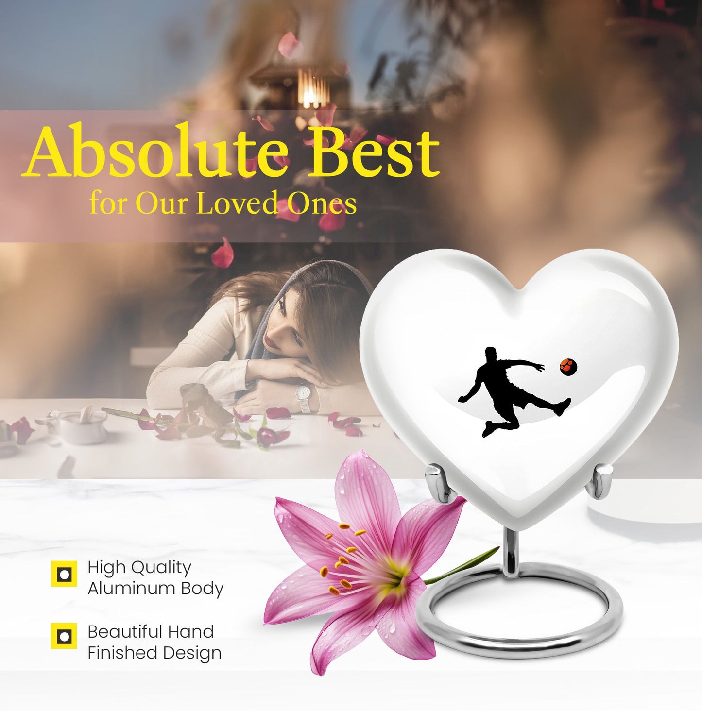 10-inch soccer-themed heart-shaped urn