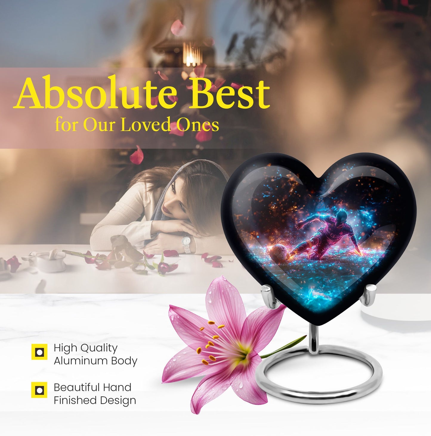 10-inch Soccer Urn for dad, heart-shaped memorial urn with cross design, customizable