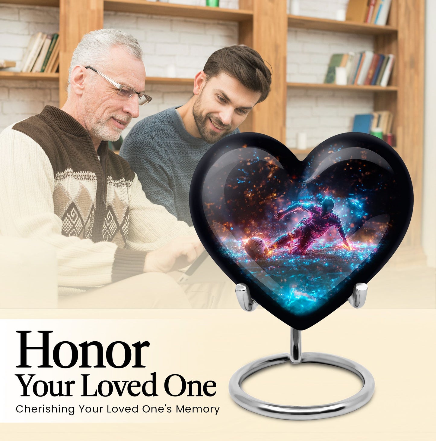 10-inch Soccer Urn for dad, heart-shaped memorial urn with cross design, customizable