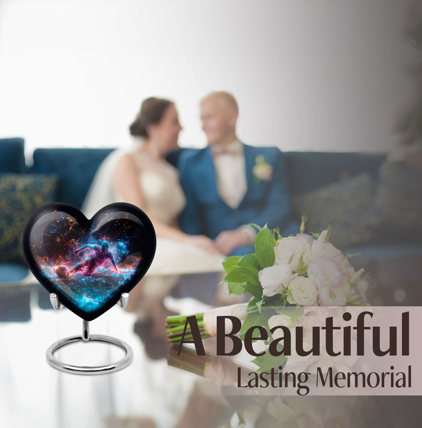 10-inch Soccer Urn for dad, heart-shaped memorial urn with cross design, customizable