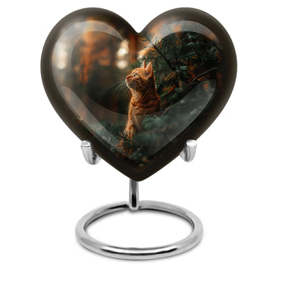 Cat Urn for Pet Ashes, Orange Cat Looking Up Among Pines, Memorial Urn