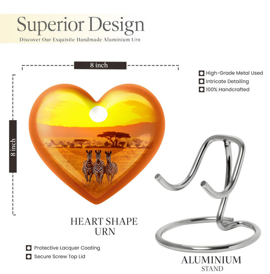 10 inch Heart-shaped zebra urn, made of Aluminium, for human ashes