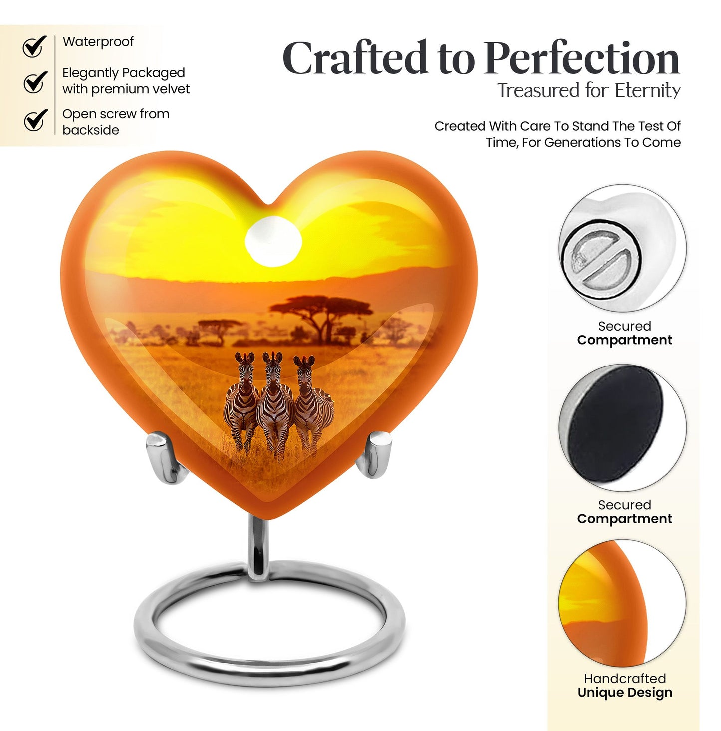 10 inch Heart-shaped zebra urn, made of Aluminium, for human ashes