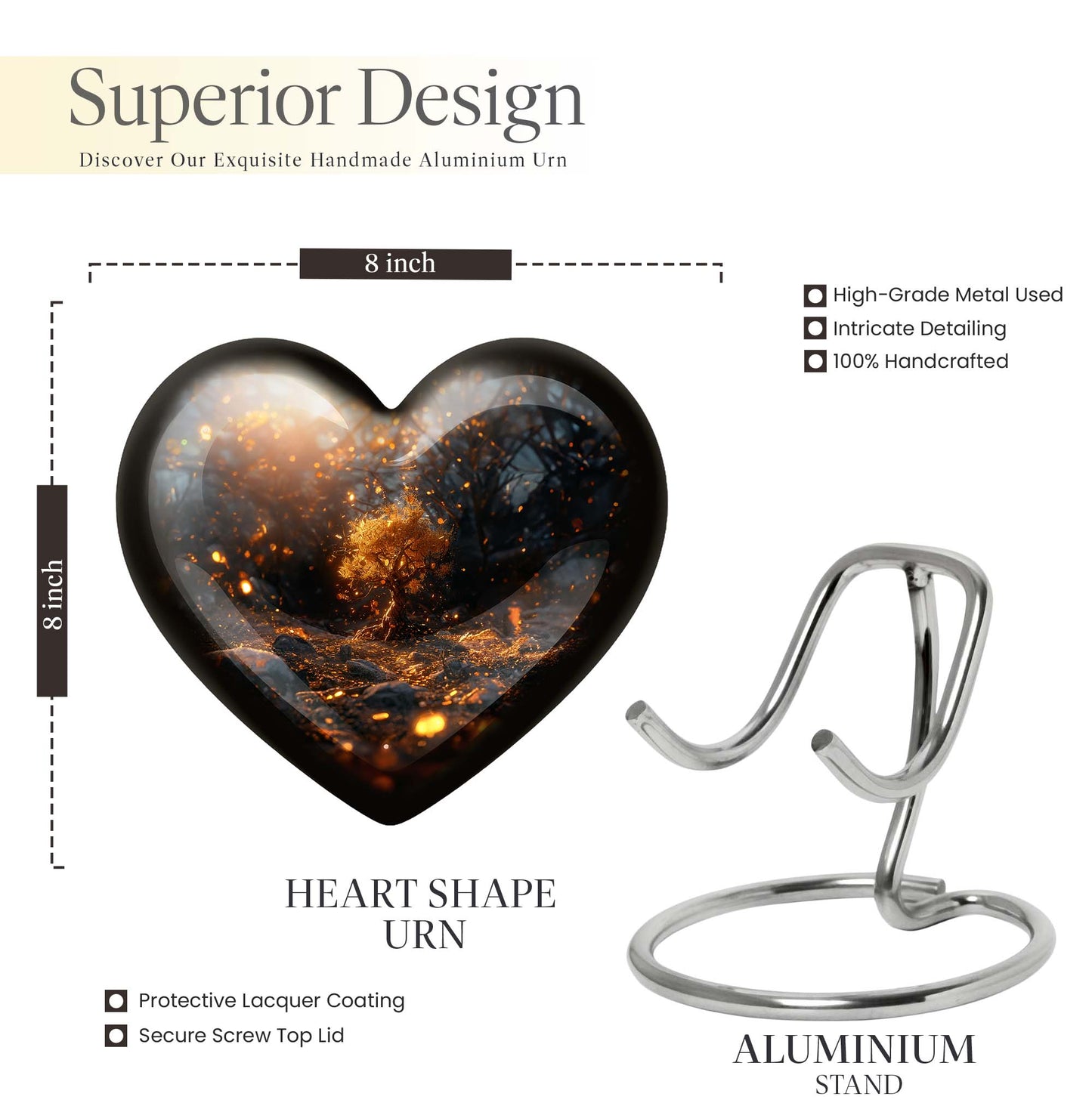 Abstract 10-inch large heart urn, aluminum Tree of Life memorial medium urn for holding ashes