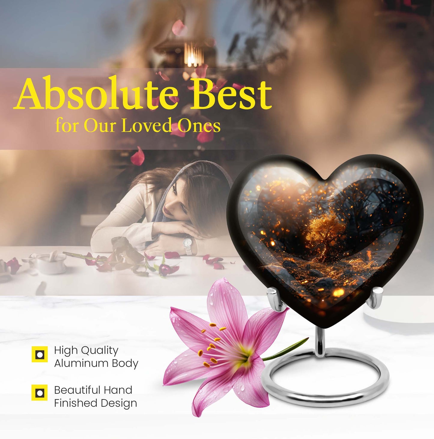 Abstract 10-inch large heart urn, aluminum Tree of Life memorial medium urn for holding ashes