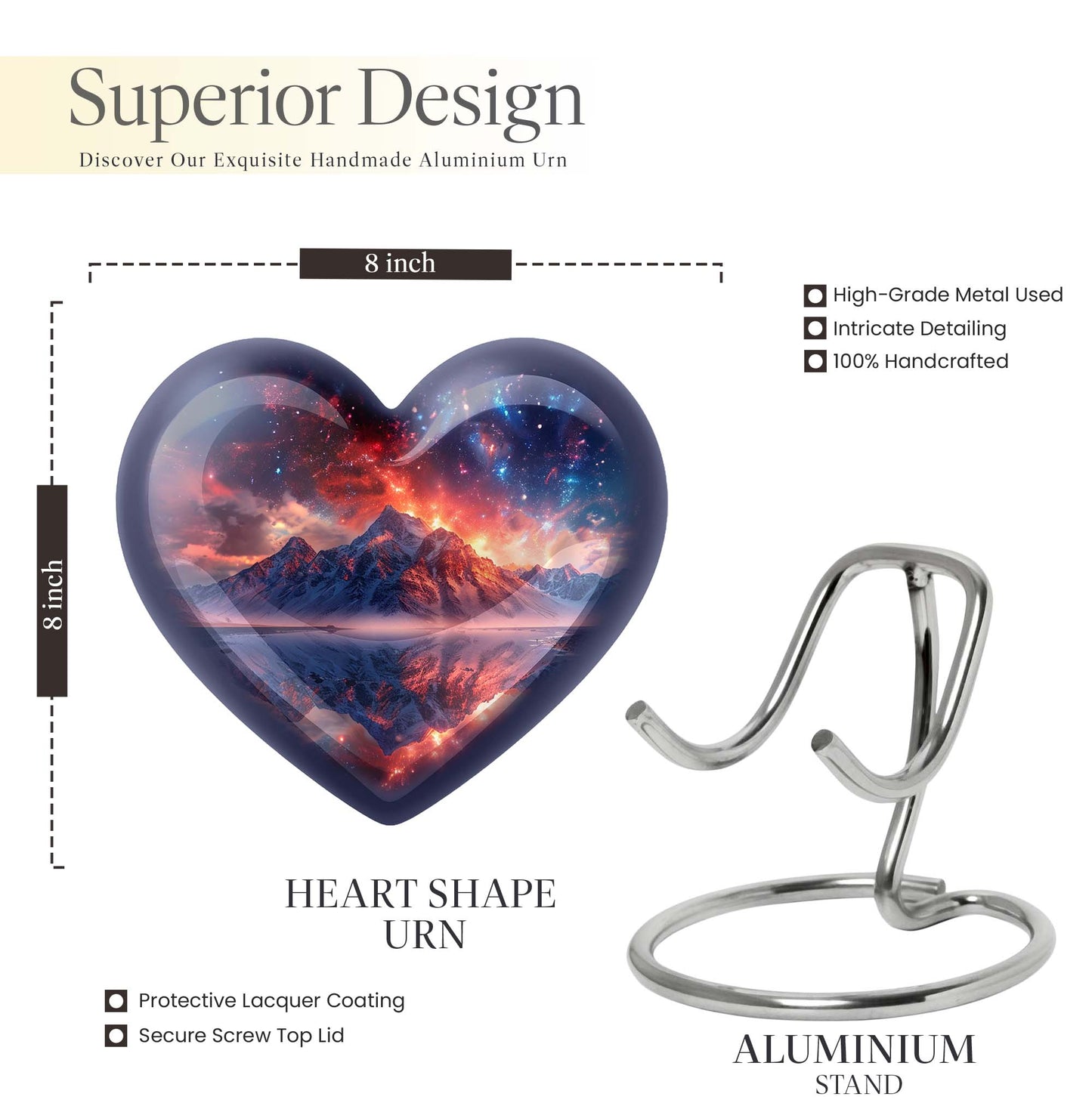 Heart-shaped mountains urn for human ashes