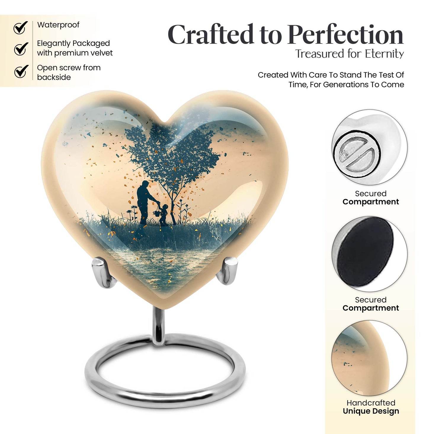 10-inch heart-designed father urn for men's cremation, customized memorial for adult male ashes
