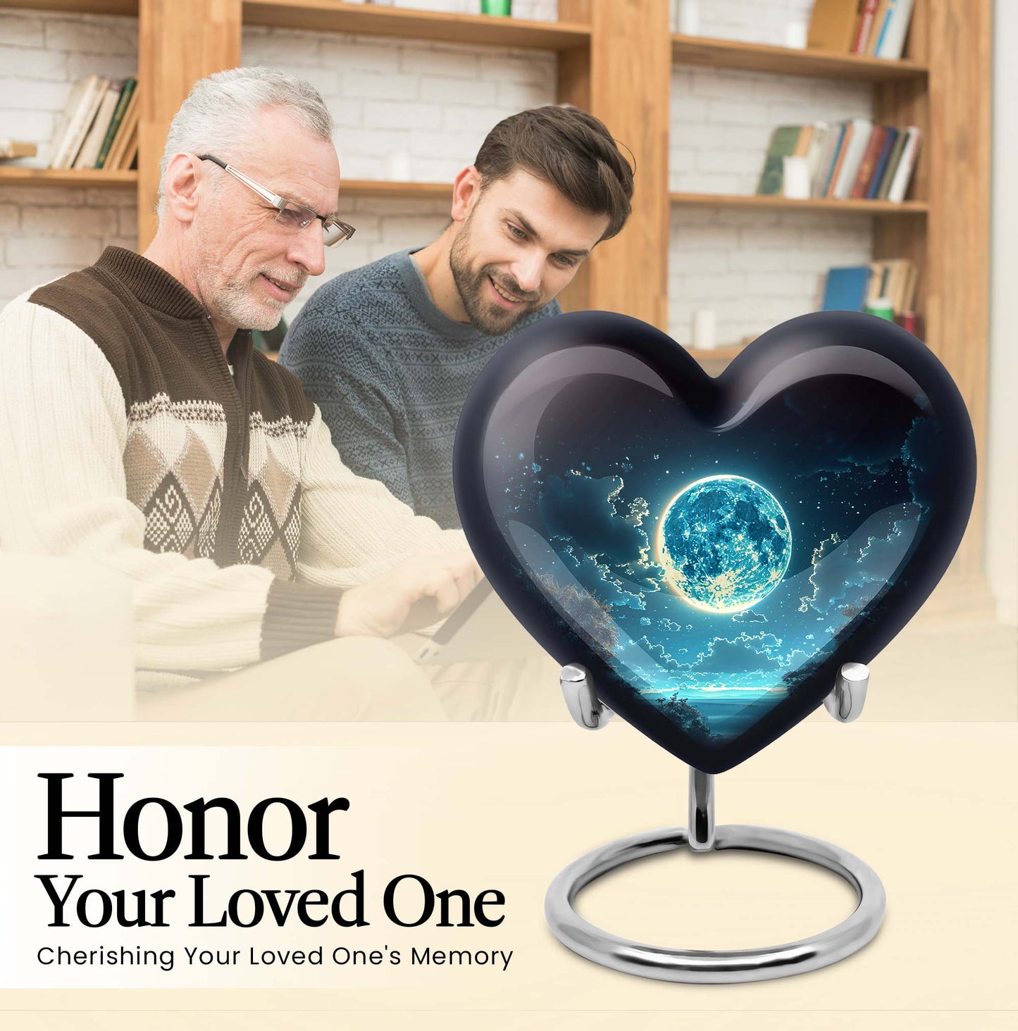 Heart-shaped Lunar Urn in Aluminium, Ideal for Adult Male Dad, Customizable with Engraved Names