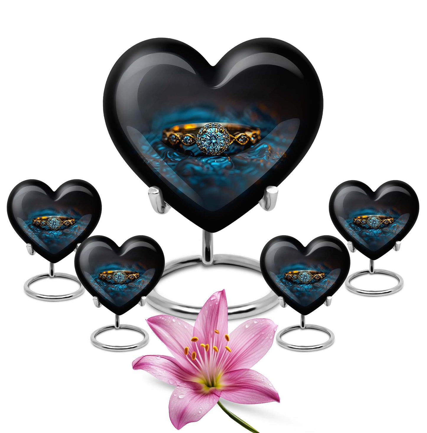 Heart-shaped 10-inch aluminium Ring Urn, cremation urns for women, includes velvet pouch