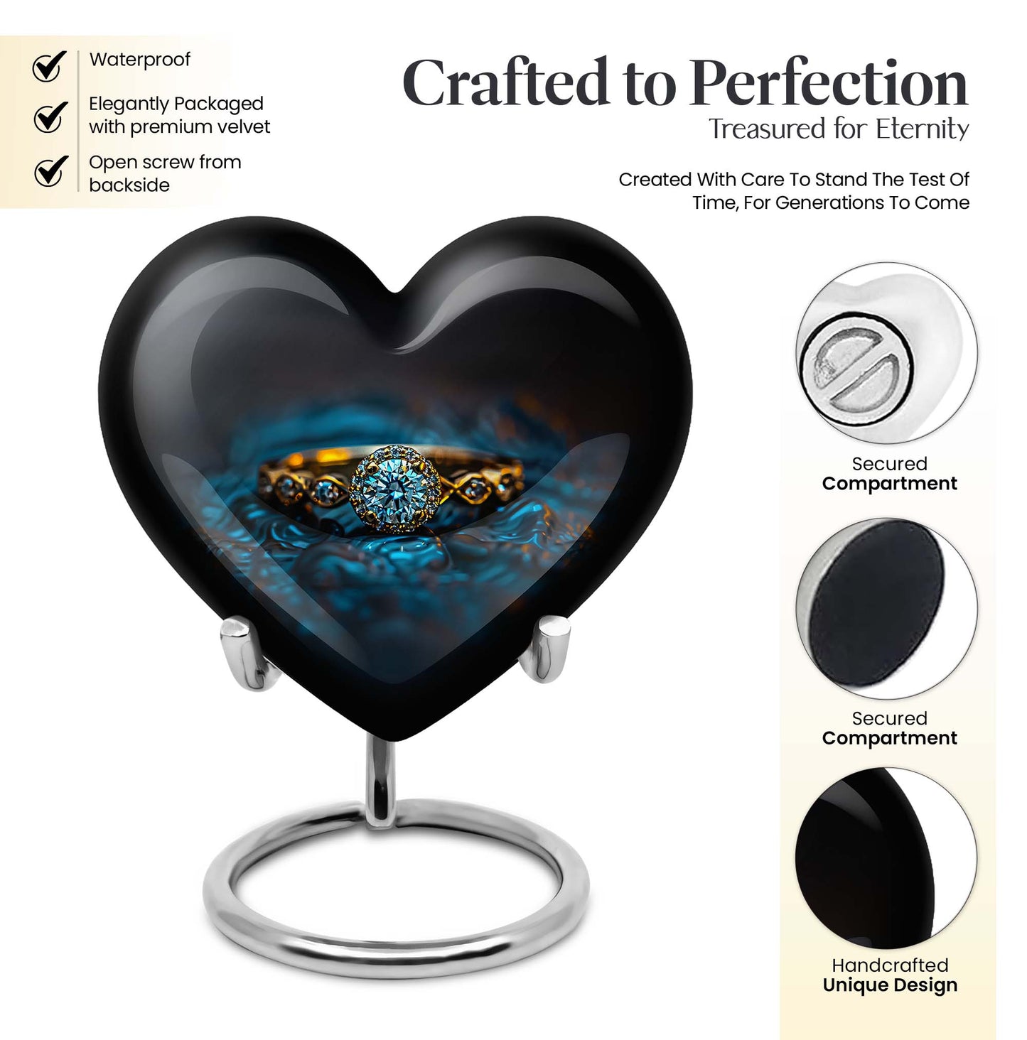 Heart-shaped 10-inch aluminium Ring Urn, cremation urns for women, includes velvet pouch