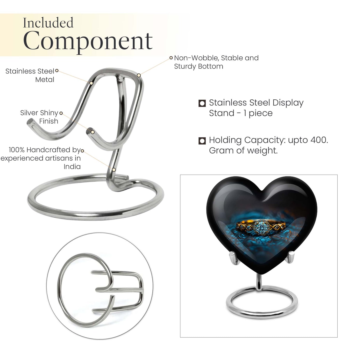 Heart-shaped 10-inch aluminium Ring Urn, cremation urns for women, includes velvet pouch