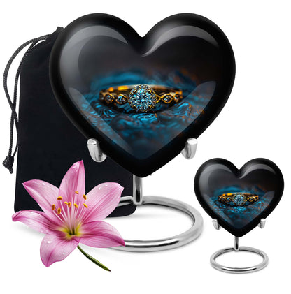 Heart-shaped 10-inch aluminium Ring Urn, cremation urns for women, includes velvet pouch