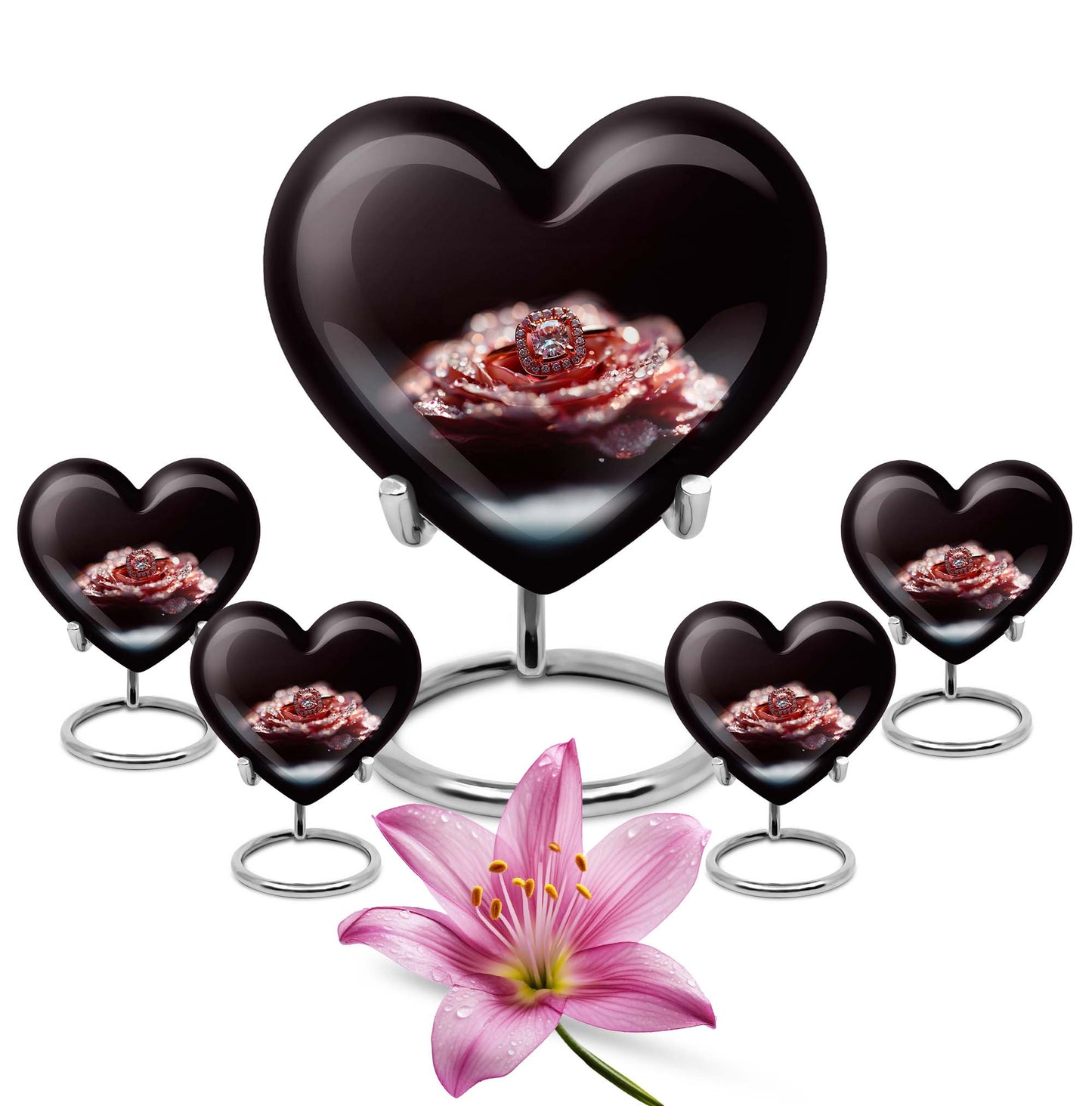 10-inch Heart Ring Urn for ashes, customizable, includes velvet pouch