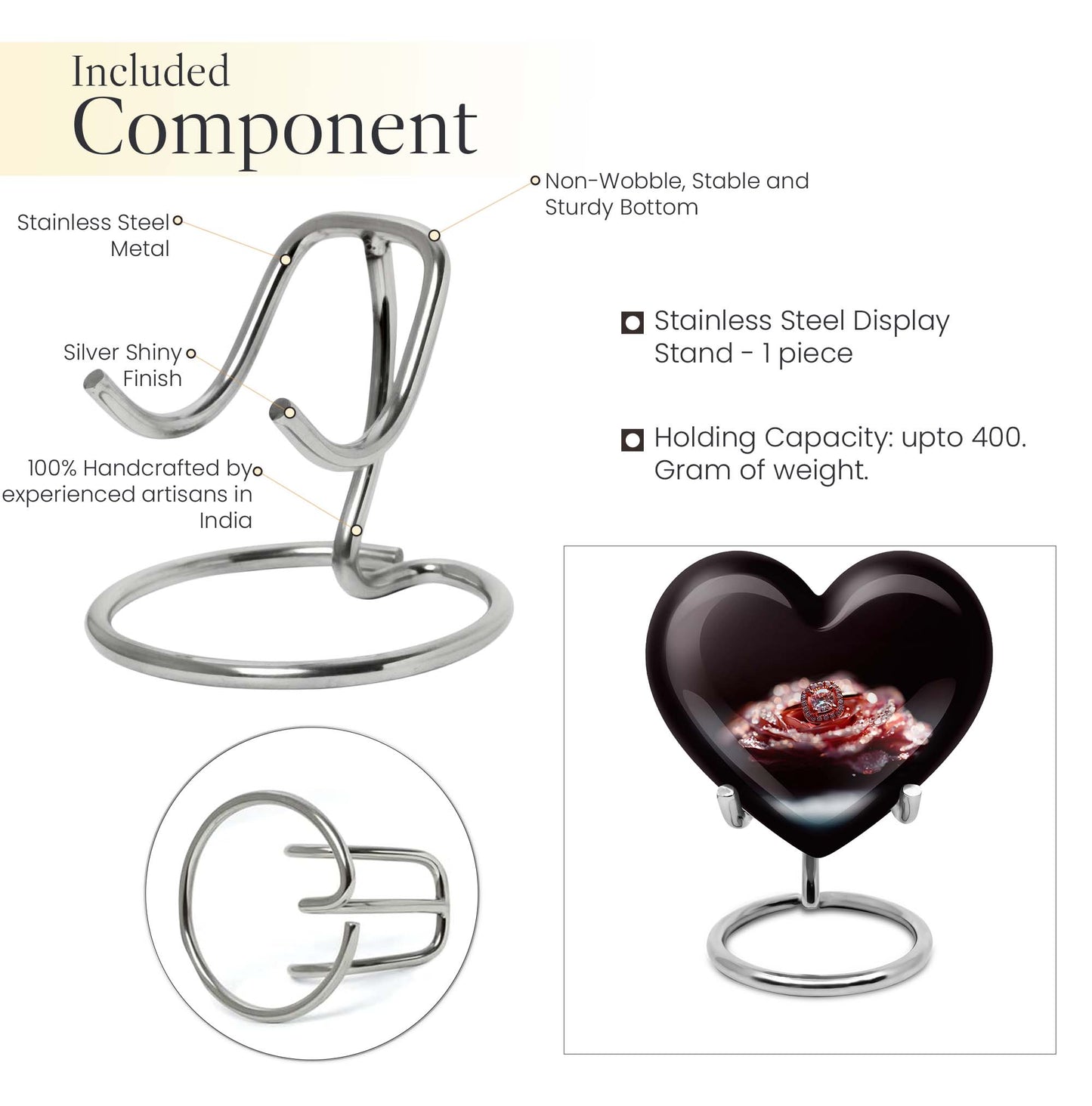 10-inch Heart Ring Urn for ashes, customizable, includes velvet pouch