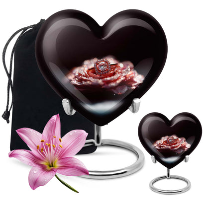 10-inch Heart Ring Urn for ashes, customizable, includes velvet pouch