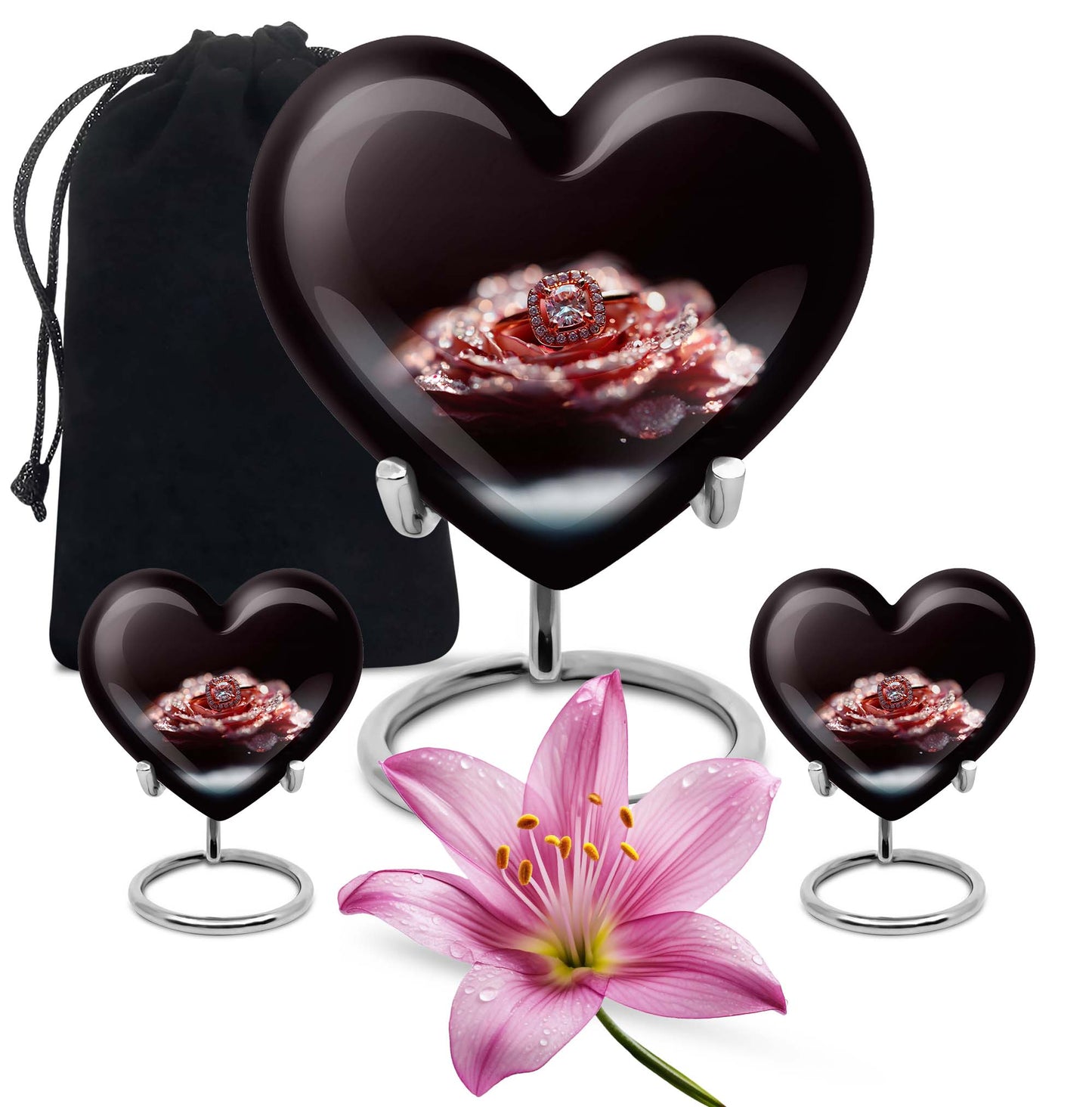 10-inch Heart Ring Urn for ashes, customizable, includes velvet pouch