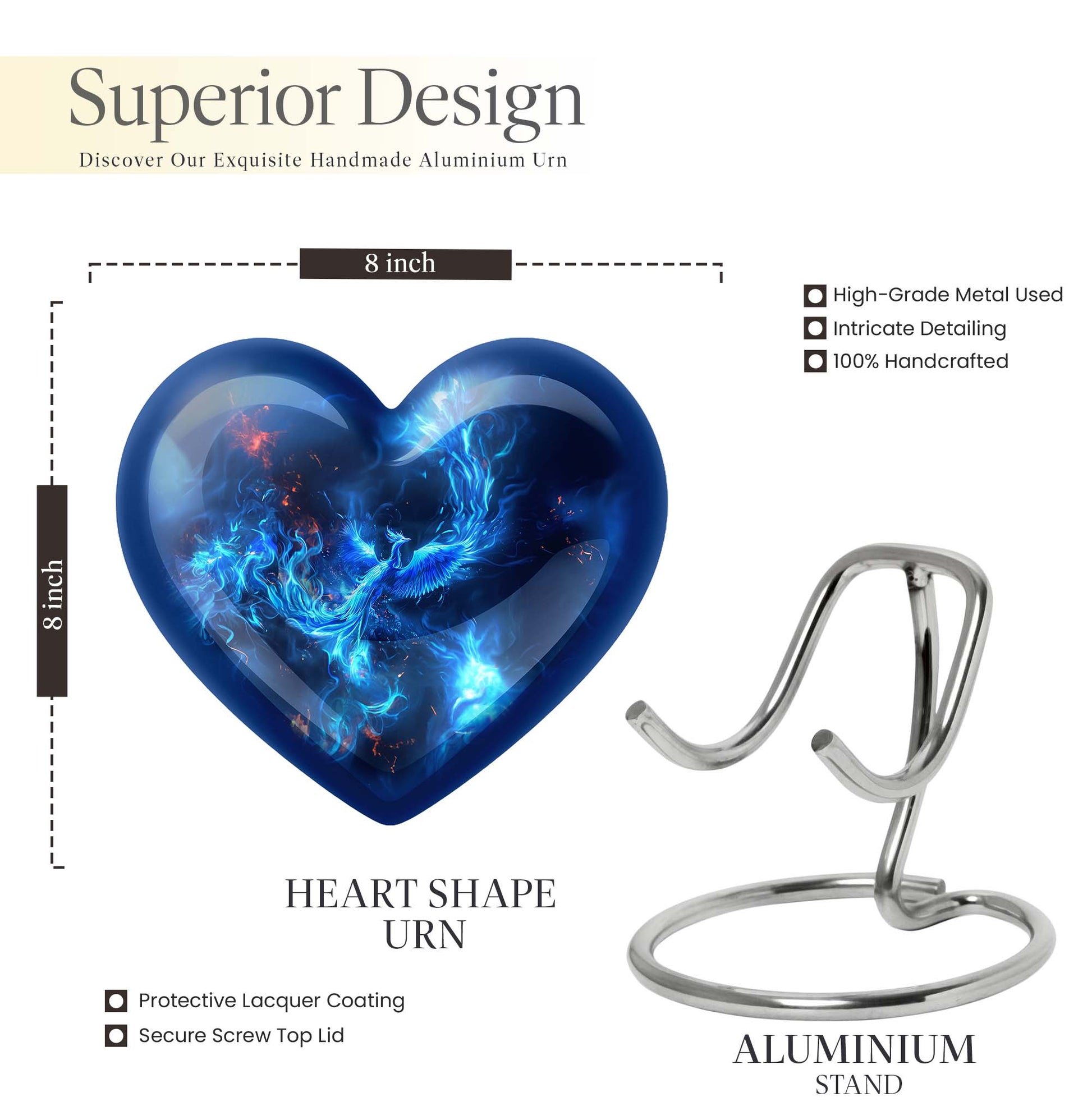 Heart-shaped phoenix urn, aluminium funeral urn 