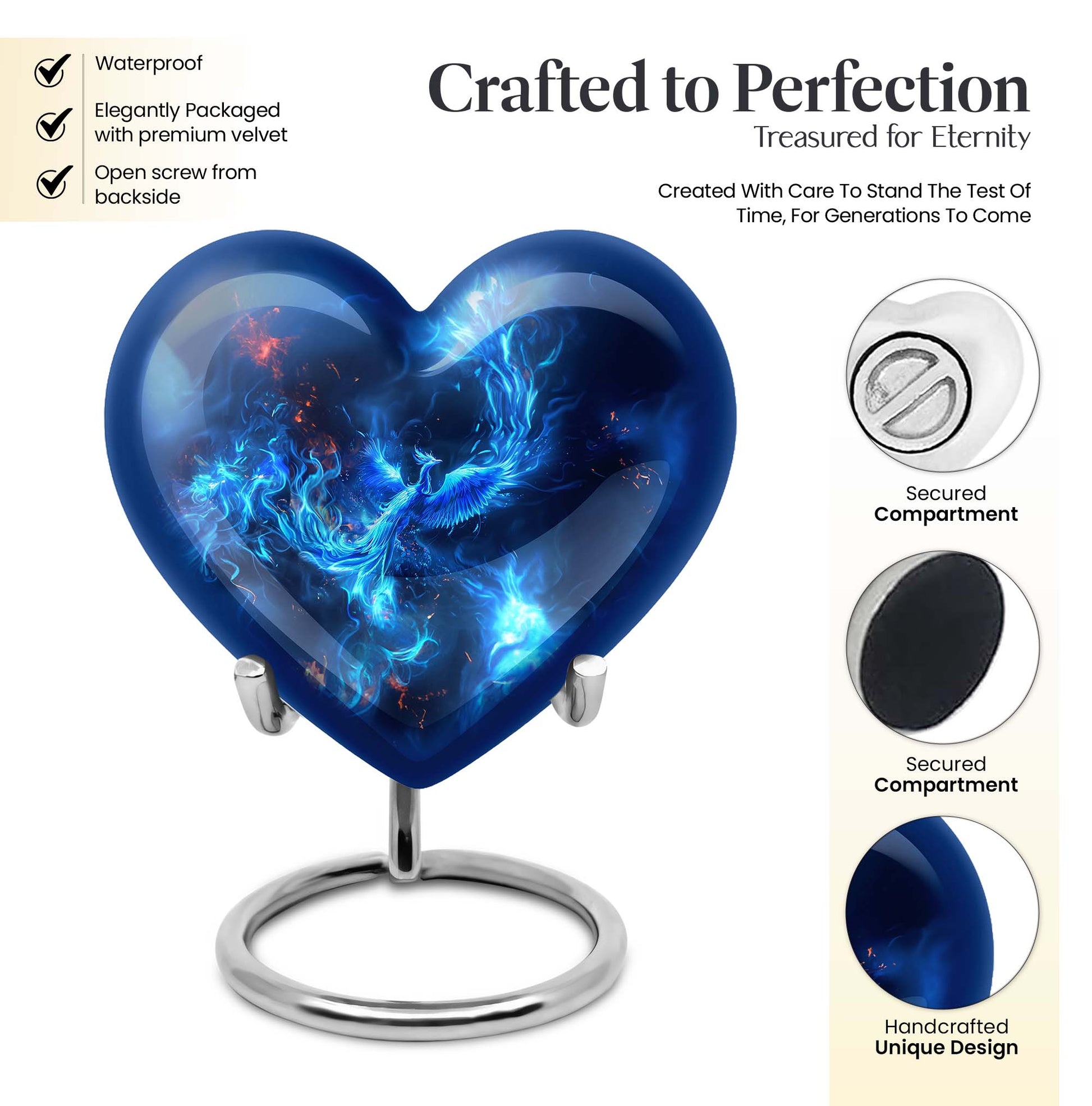 Heart-shaped phoenix urn, aluminium funeral urn 