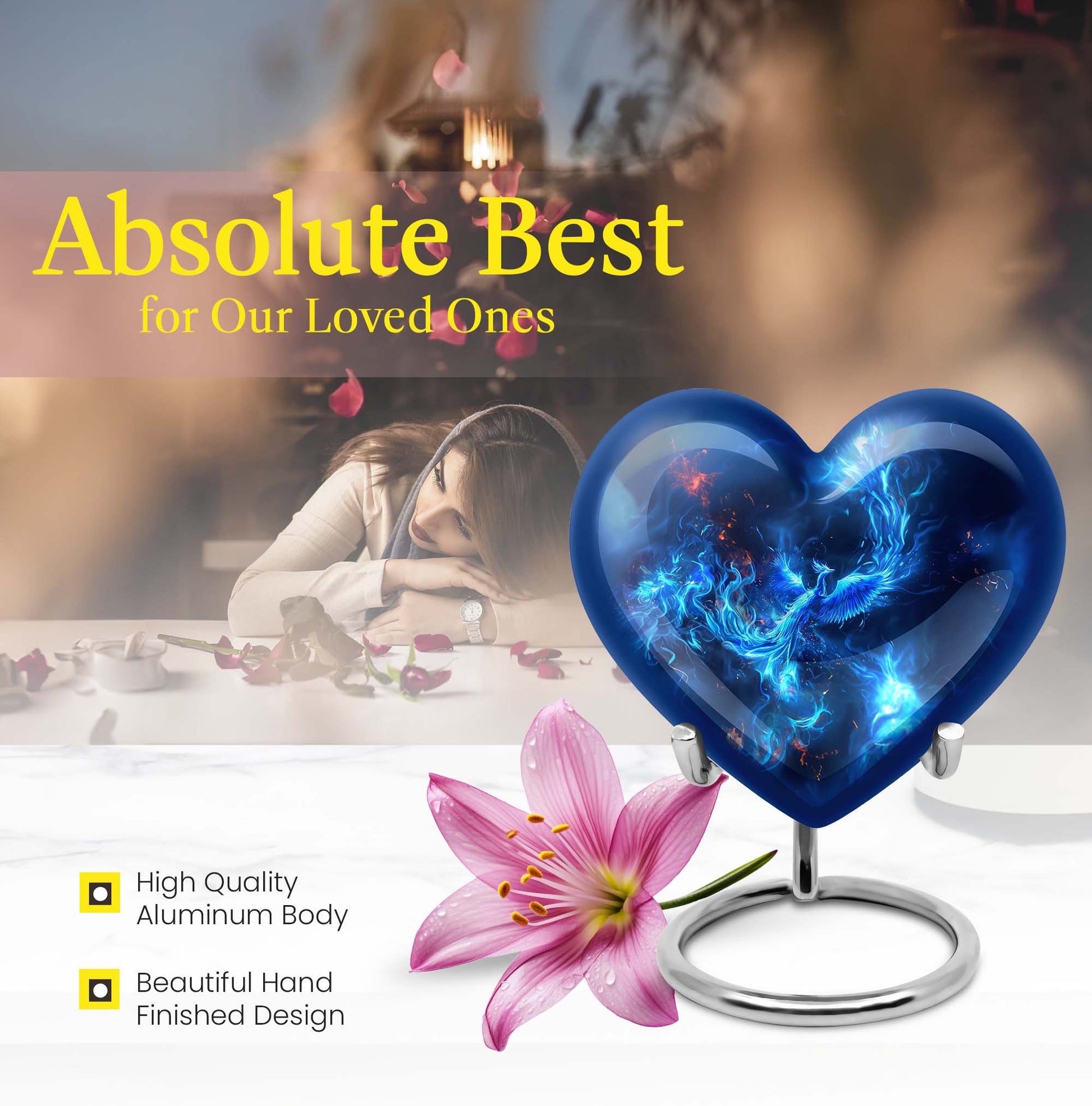 Heart-shaped phoenix urn, aluminium funeral urn 