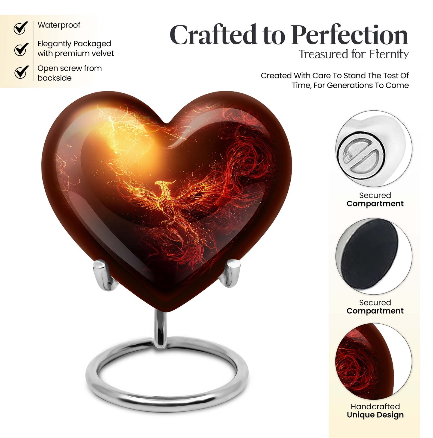 10-inch Phoenix heart-shaped burial urn, personalized engraving, suitable for adult male and female.