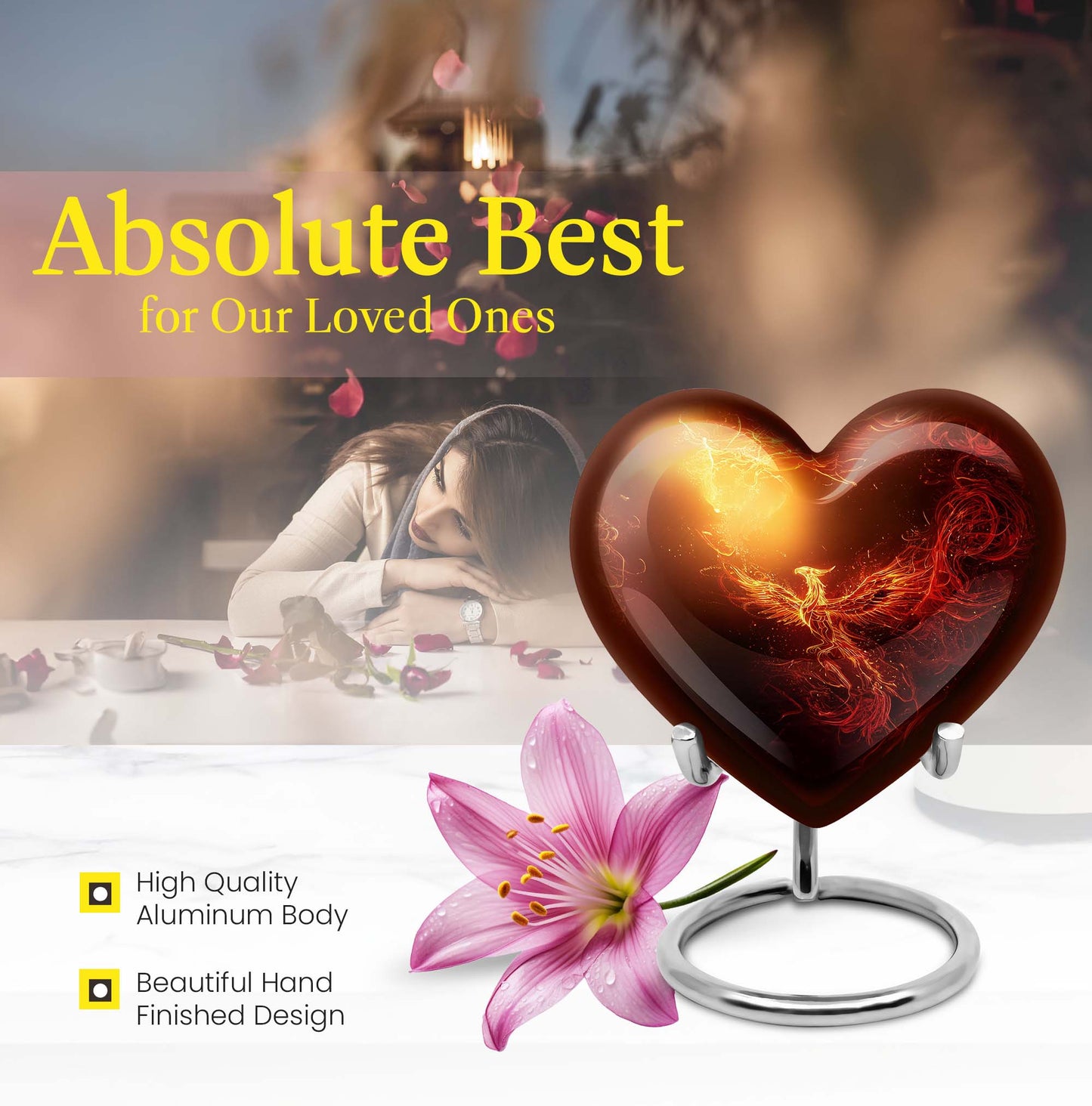 10-inch Phoenix heart-shaped burial urn, personalized engraving, suitable for adult male and female.