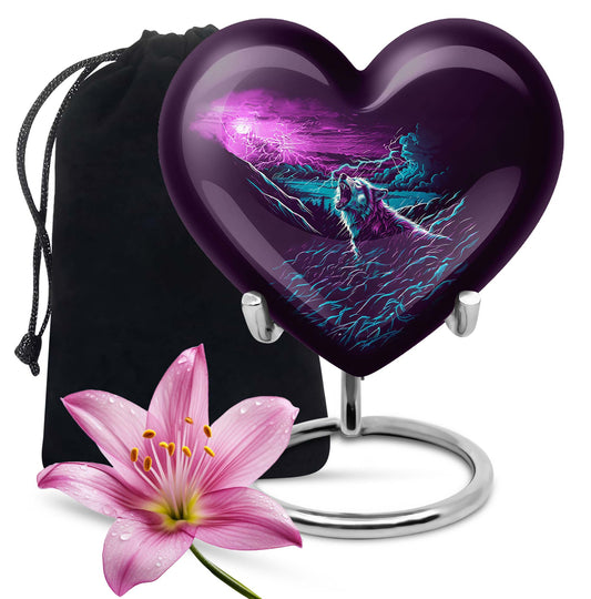 Wolf-themed heart aluminium urn for ashes